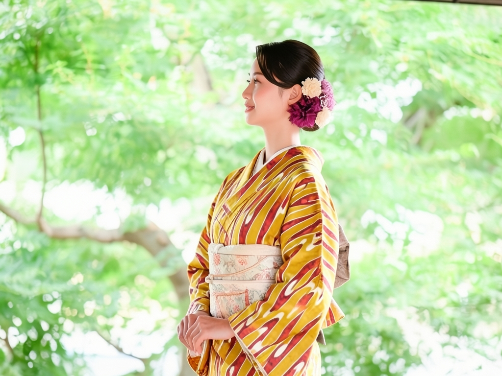 壷垂れ模様織り出しお召着物（着用イメージ）