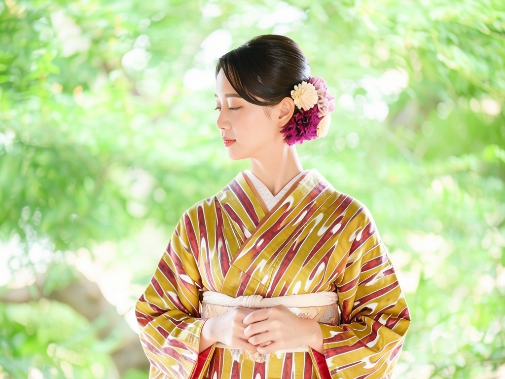 壷垂れ模様織り出しお召着物（着用イメージ）