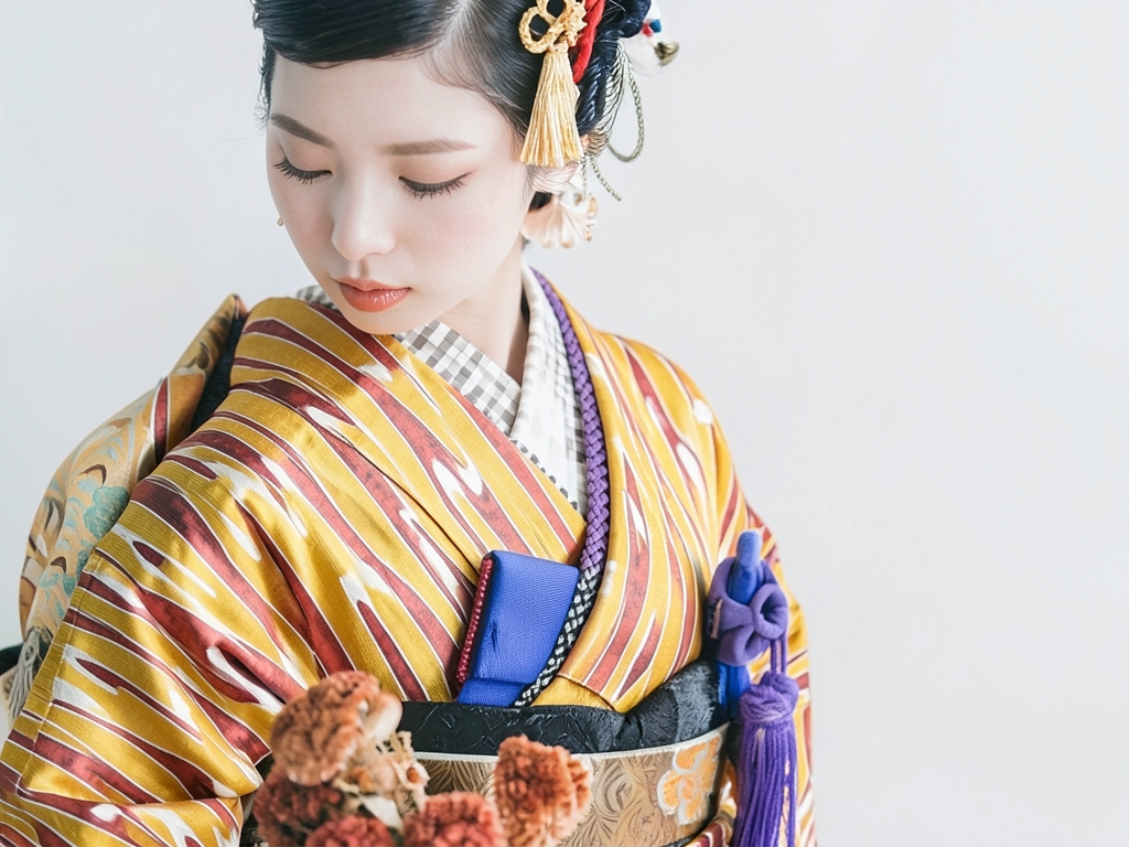 壷垂れ模様織り出しお召着物（着用イメージ）