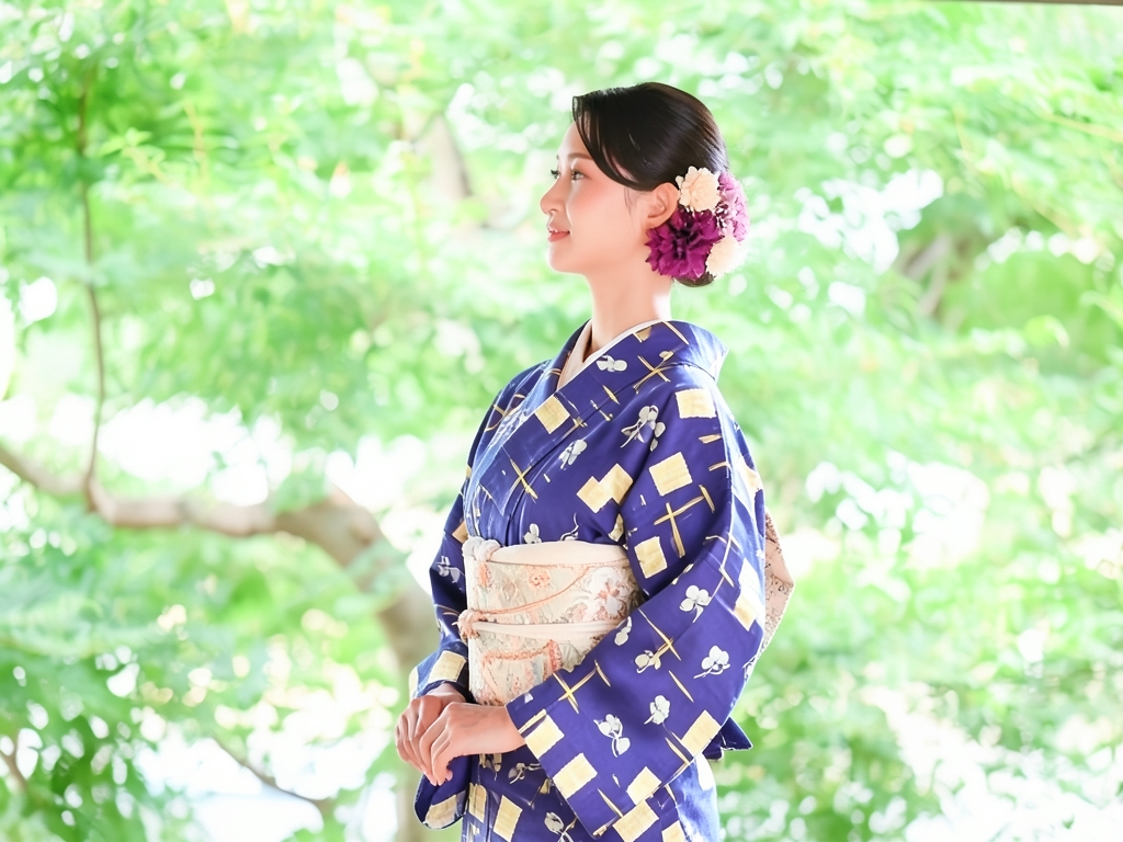 Kasamatsu pattern woven meisen kimono (worn)