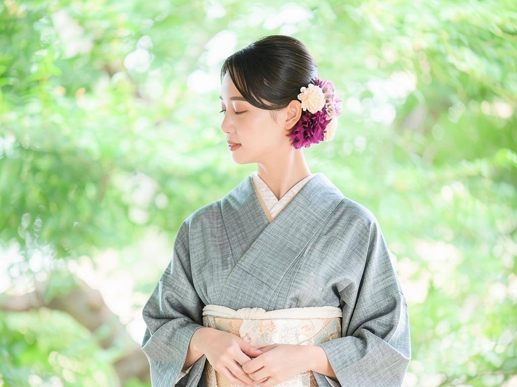 抽象模様織り出し着物（着用イメージ）