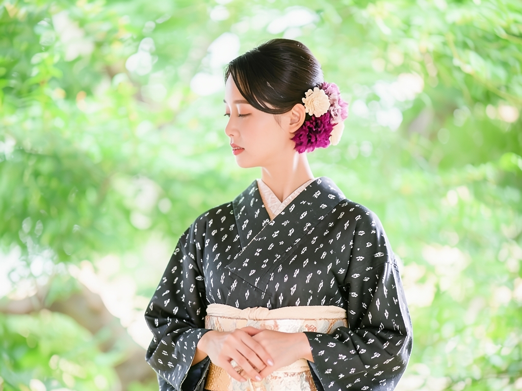 絣柄織り出しお召着物（着用イメージ）