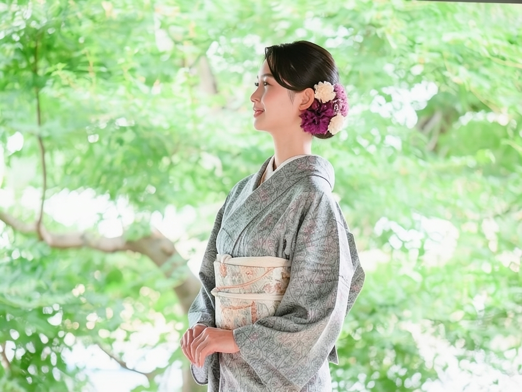 立涌に更紗模様織出し着物（着用イメージ）