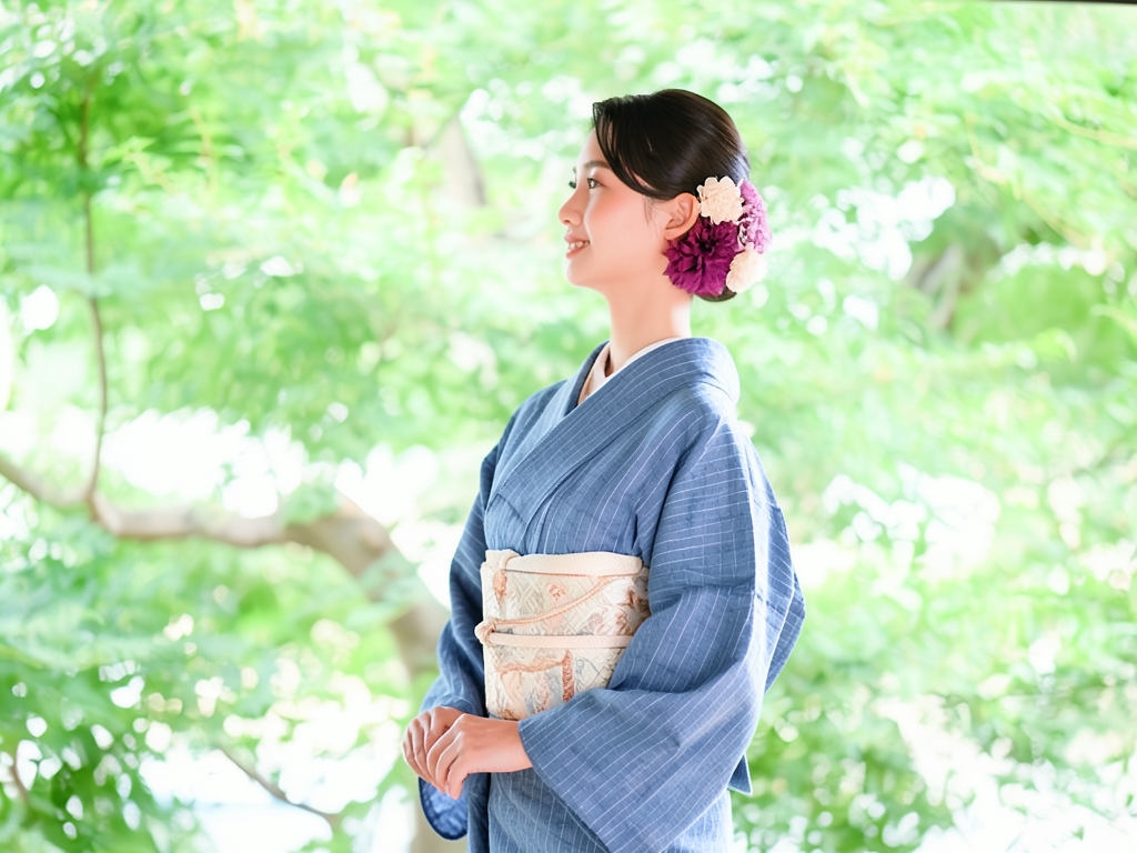縞に抽象模様織り出しお召着物（着用イメージ）
