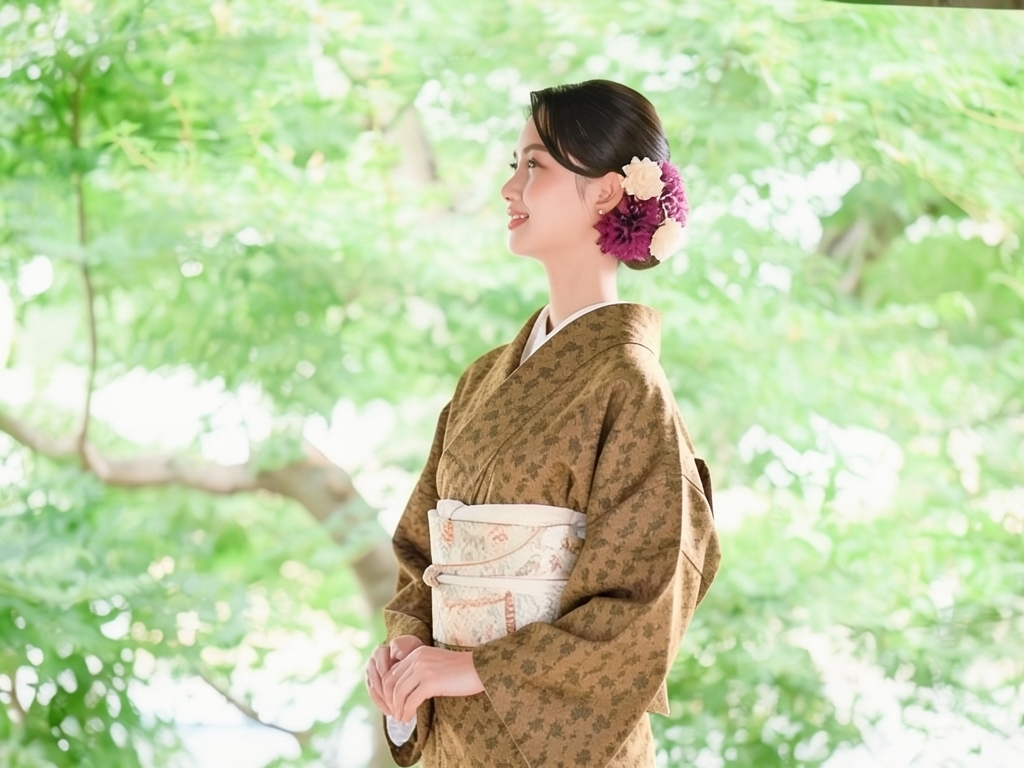 Flower pattern woven kimono (worn)