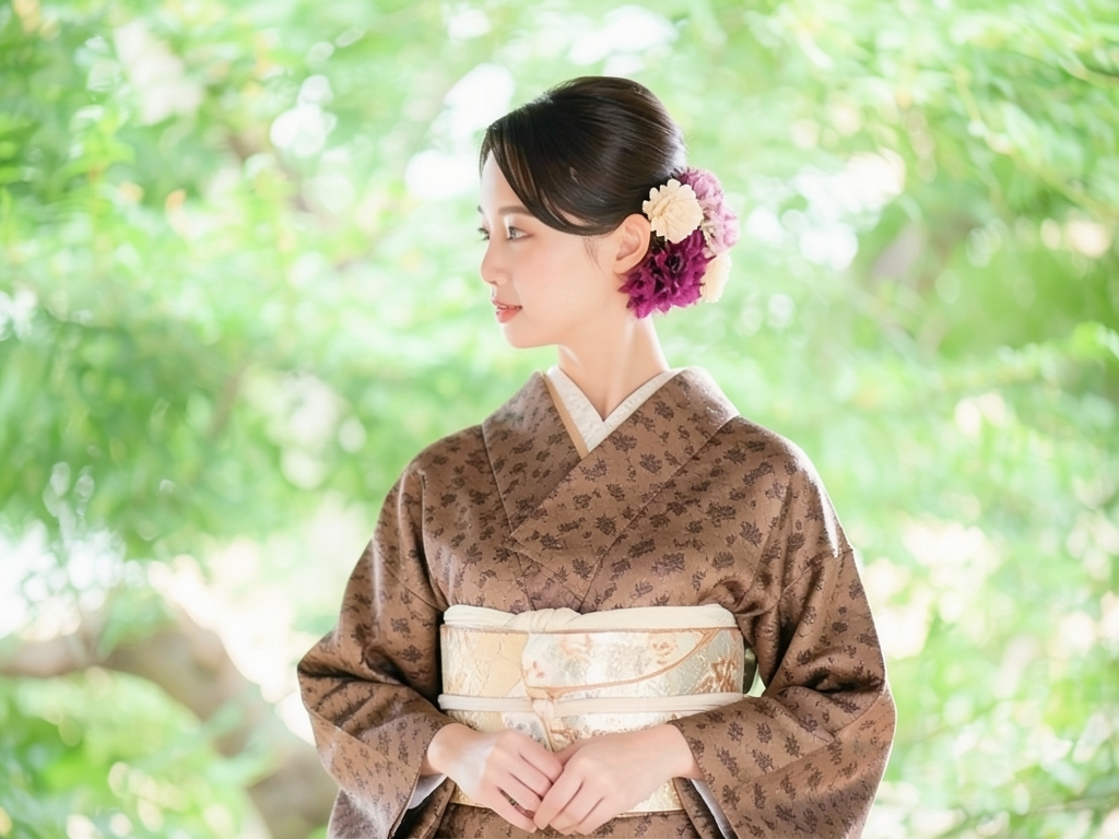 Flower pattern woven kimono (worn)