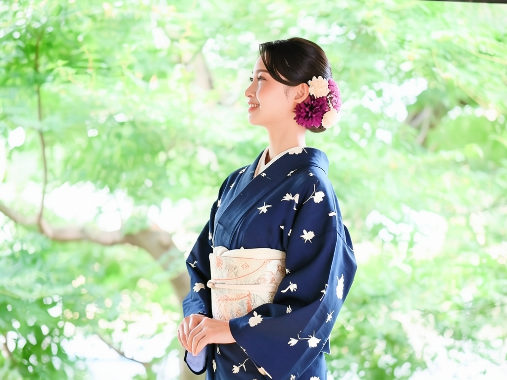 花模様織り出しお召着物（着用イメージ）