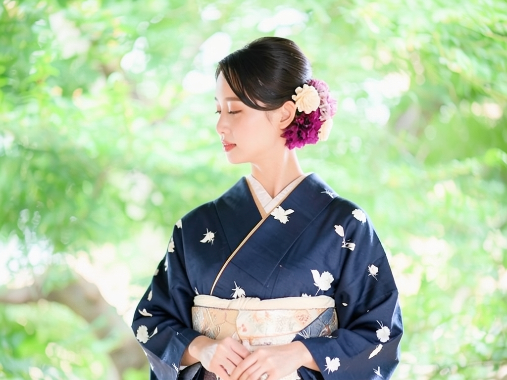 花模様織り出しお召着物（着用イメージ）