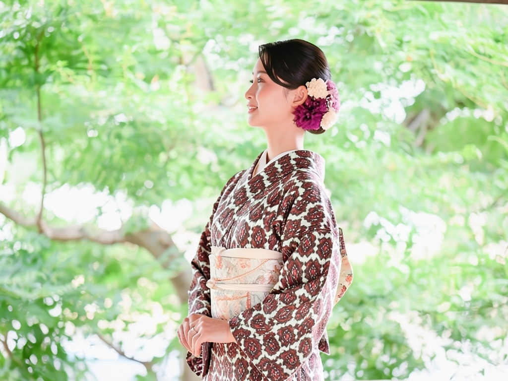 抽象模様織出しお召し着物（着用イメージ）
