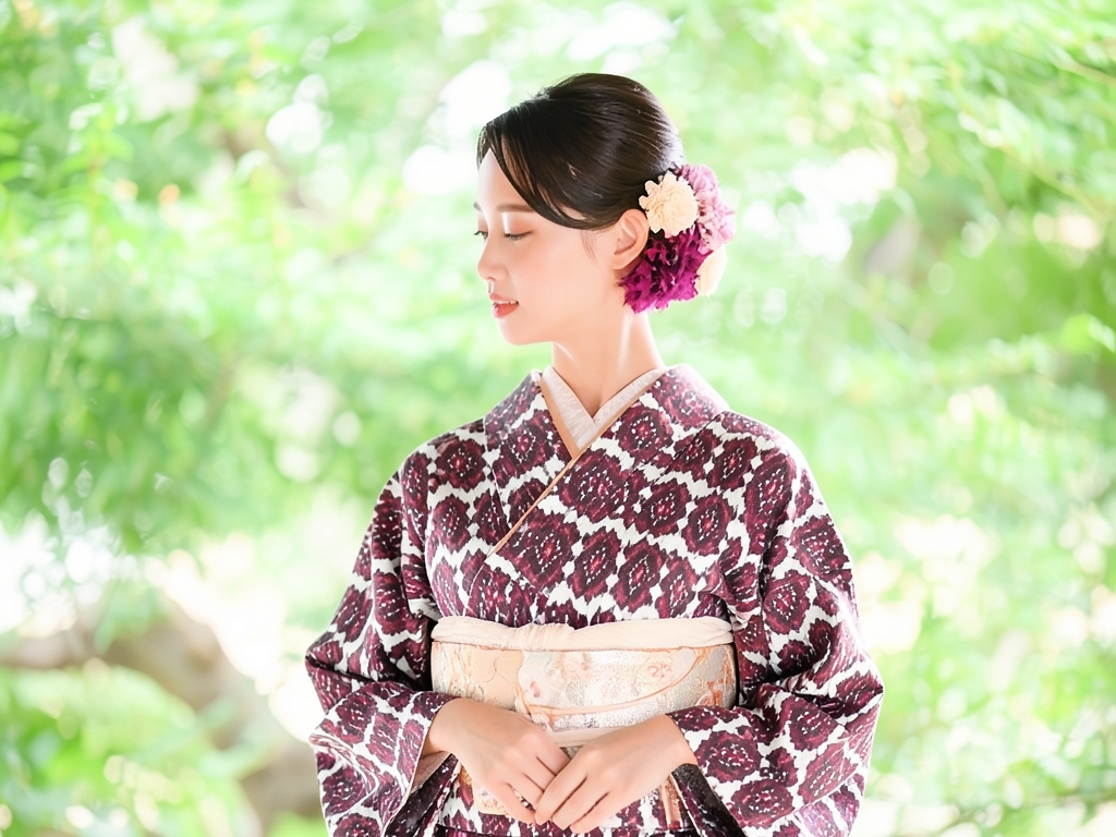 抽象模様織出しお召し着物（着用イメージ）