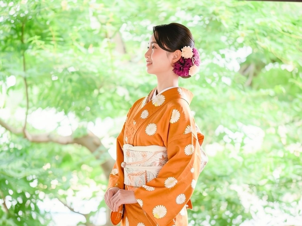 菊模様織り出しお召着物（着用イメージ）