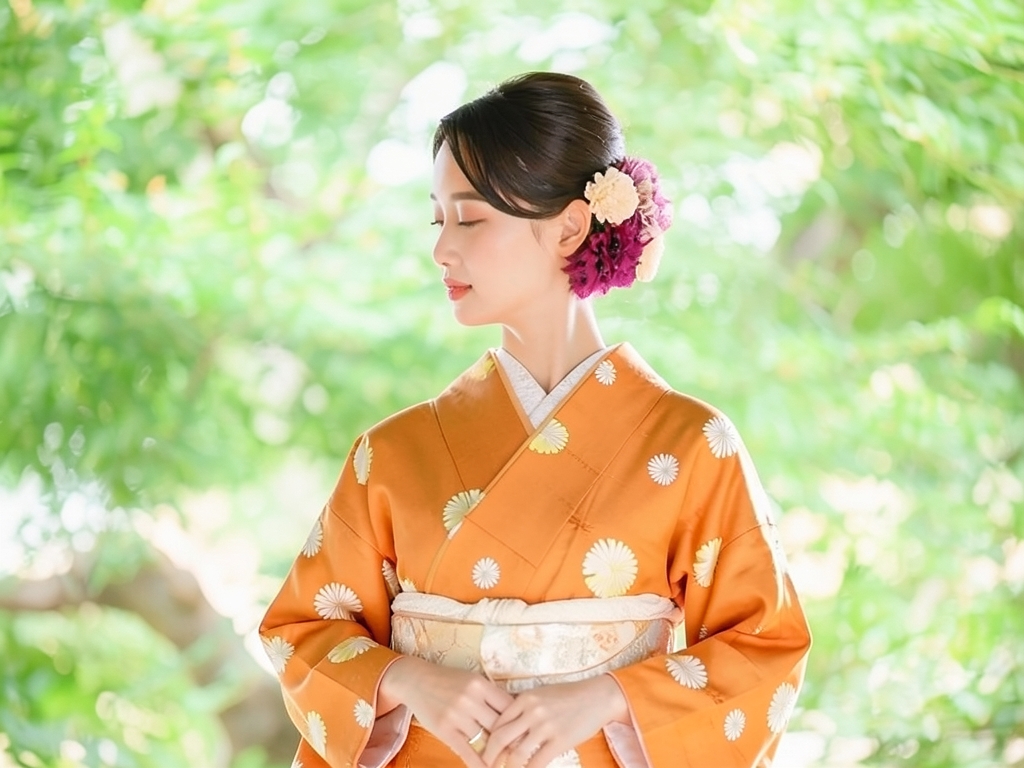 菊模様織り出しお召着物（着用イメージ）