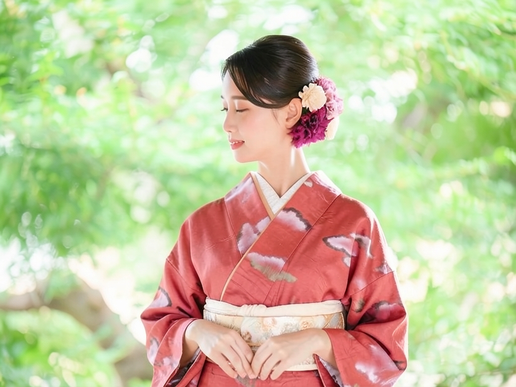 雲模様織り出しお召着物（着用イメージ）