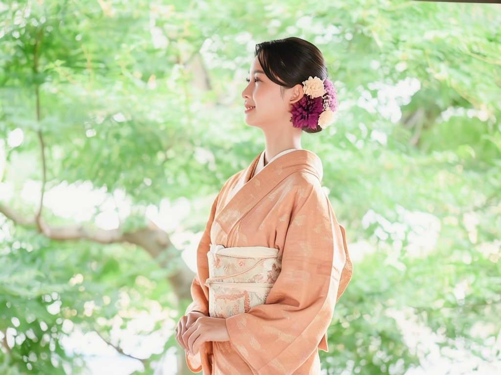 ヱ霞に小花模様小紋着物