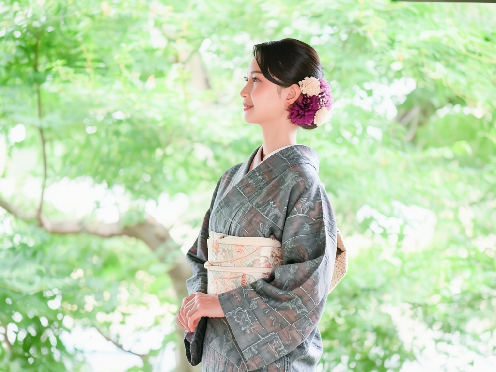 樹木模様織り出し着物（着用イメージ）