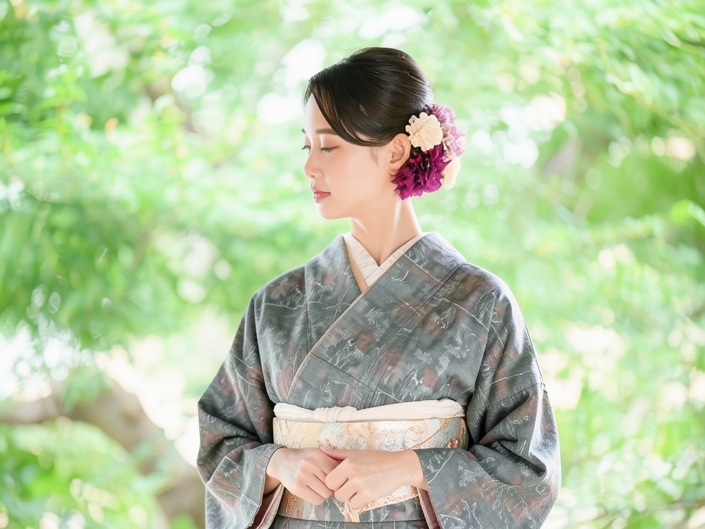 樹木模様織り出し着物（着用イメージ）