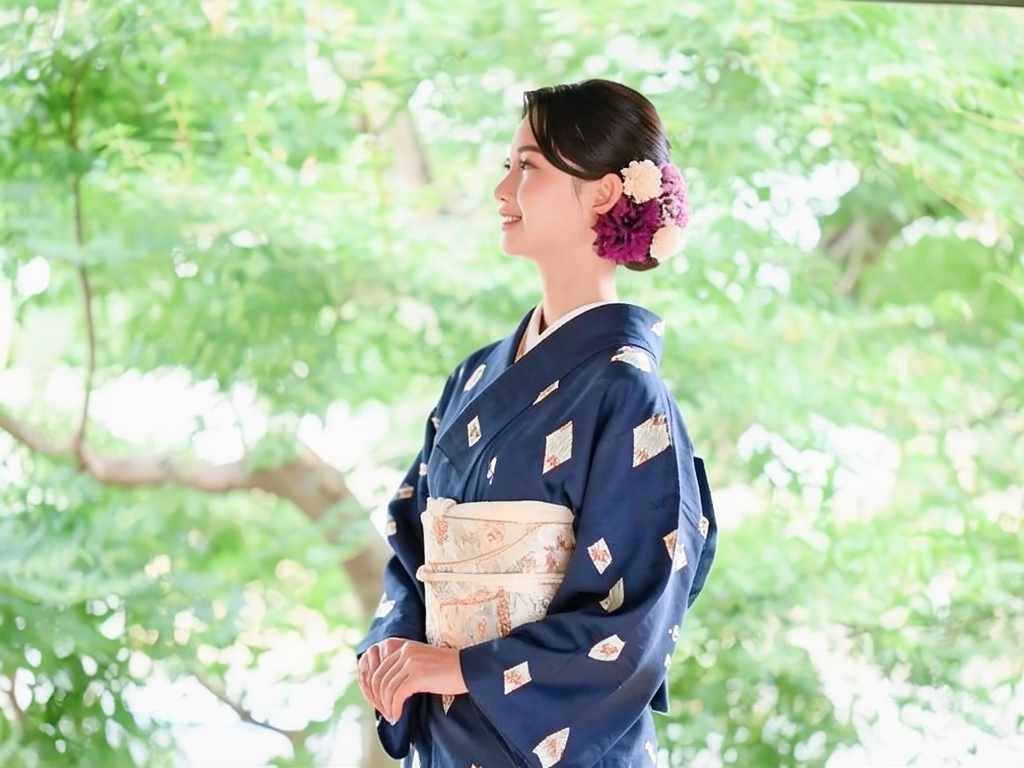 幾何学模様織り出しお召着物（着用イメージ）