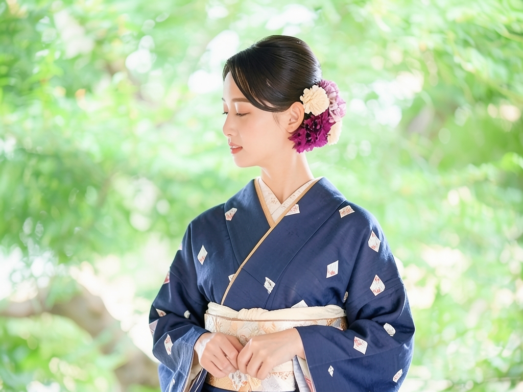 幾何学模様織り出しお召着物（着用イメージ）