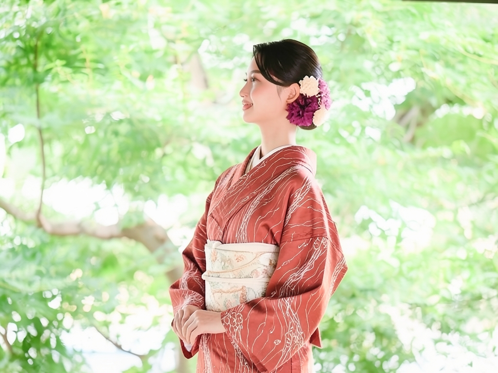 抽象模様織り出し一つ紋着物（着用イメージ）