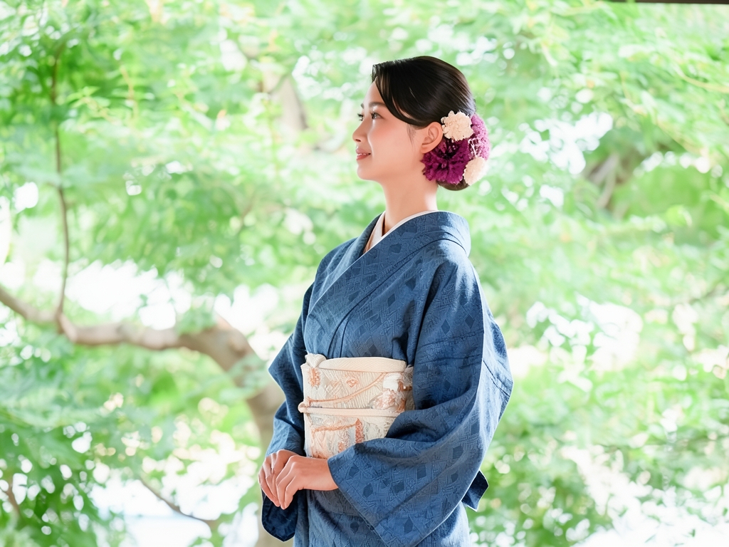 Kimono with diagonal lattice pattern (worn)