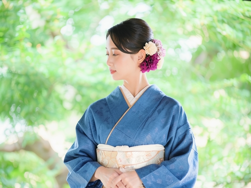 Kimono with diagonal lattice pattern (worn)