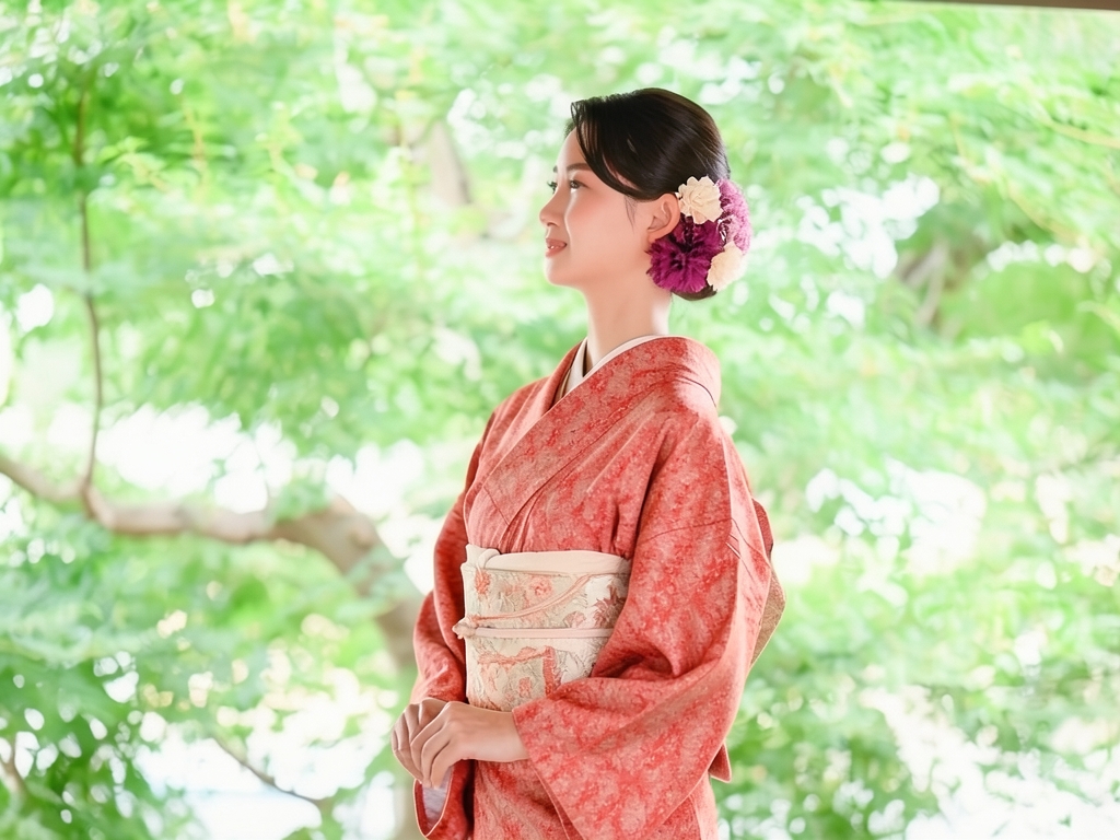 寺塔風景模様織出し着物（着用イメージ）