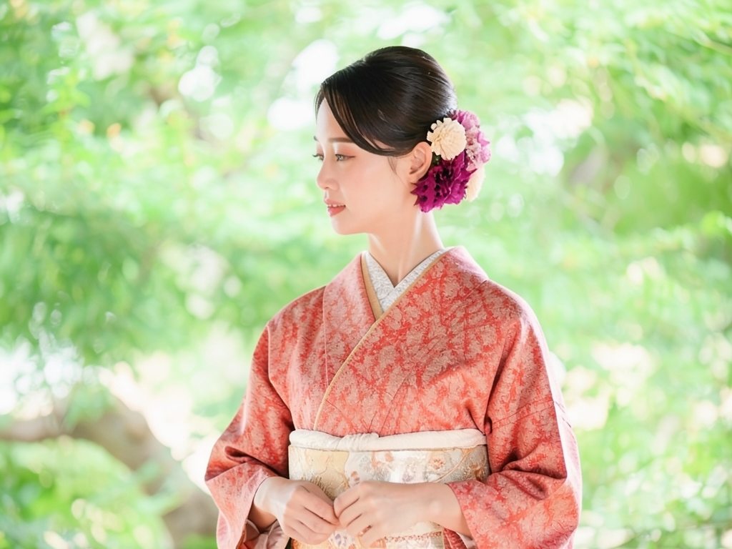 寺塔風景模様織出し着物（着用イメージ）