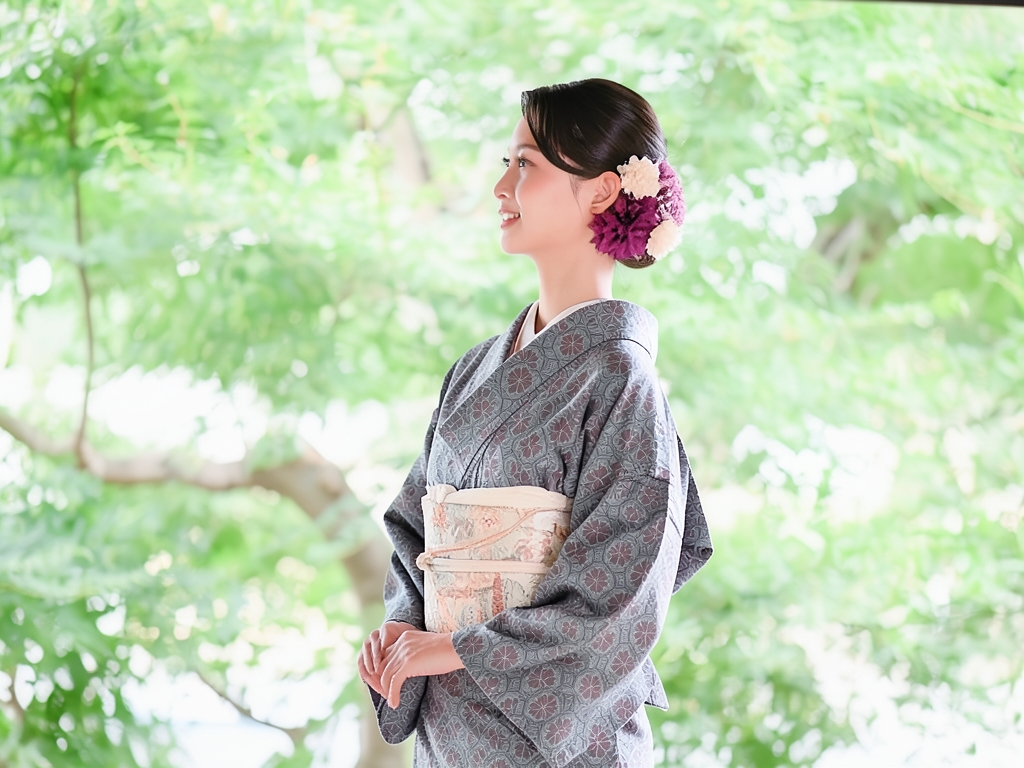花蜀江文織り出し本場村山大島紬着物【紬・お召し】（着用イメージ）