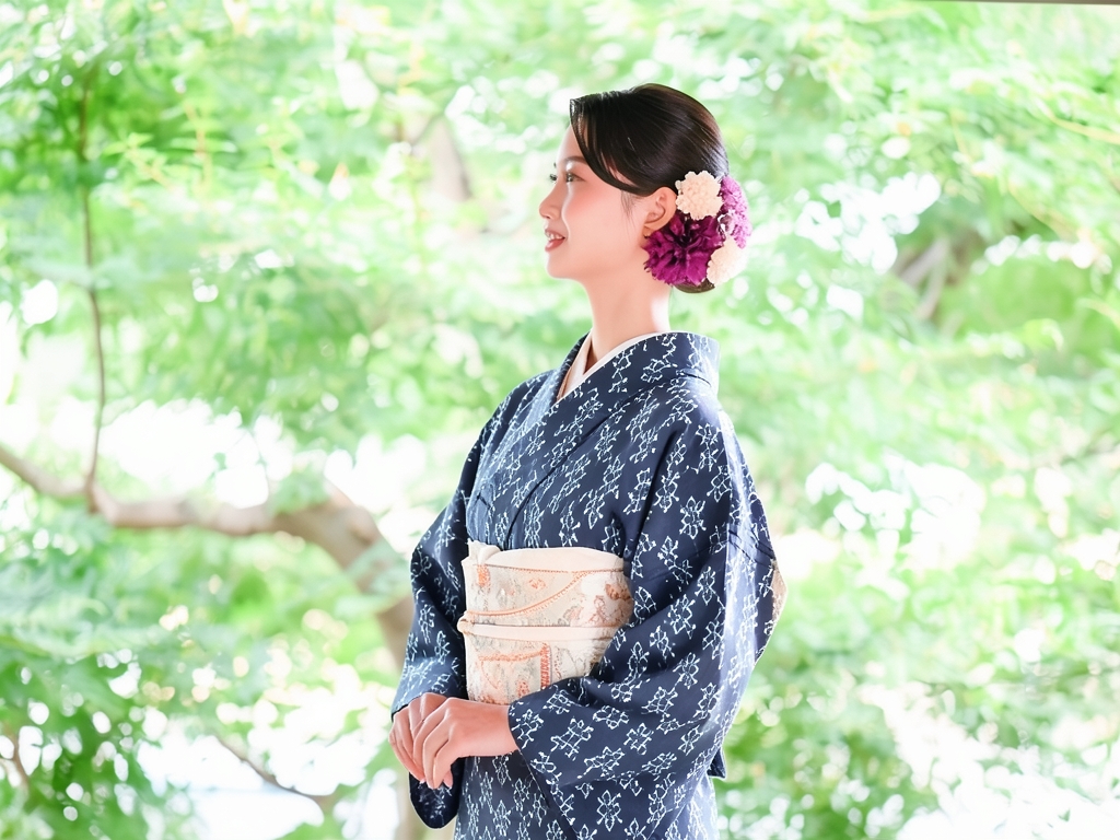 抽象模様織出しお召し着物（着用イメージ）