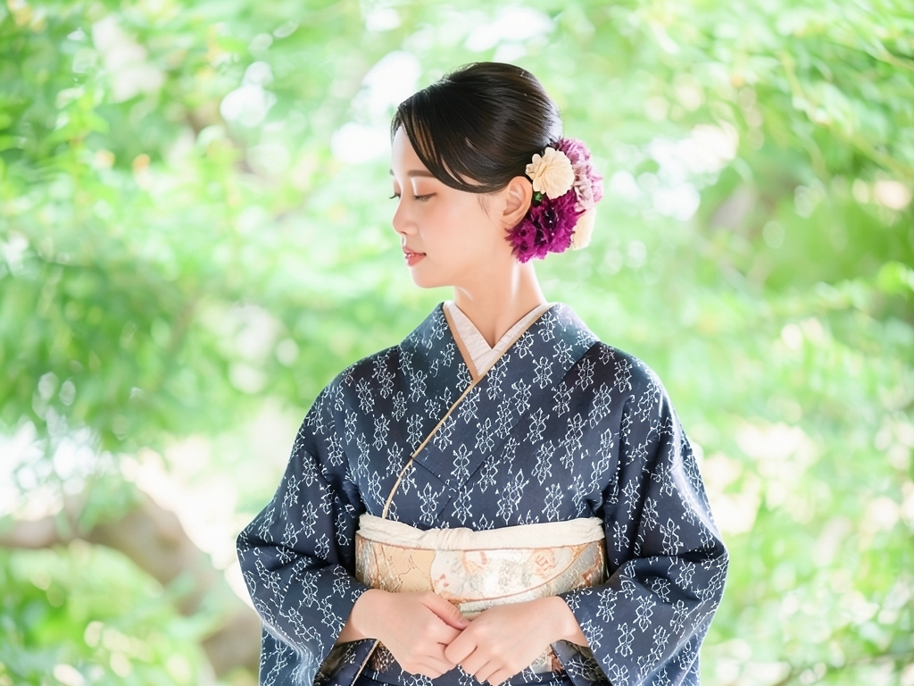 抽象模様織出しお召し着物（着用イメージ）