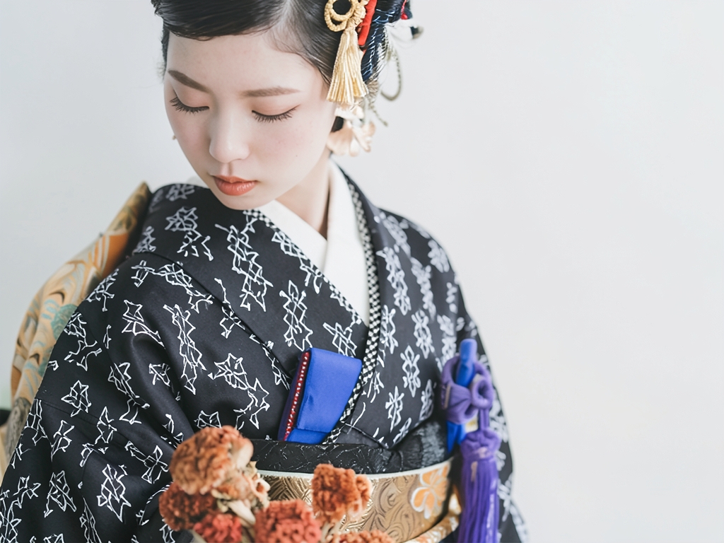 抽象模様織出しお召し着物（着用イメージ）