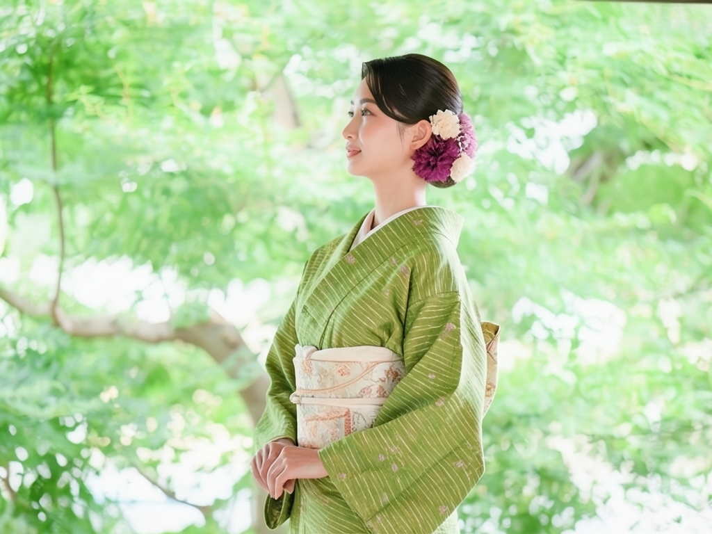 横段に木の葉模様着物（着用イメージ）