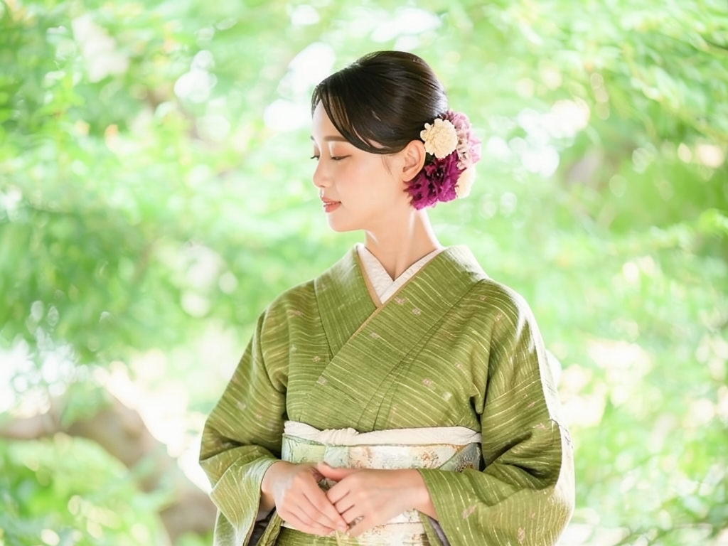 横段に木の葉模様着物（着用イメージ）