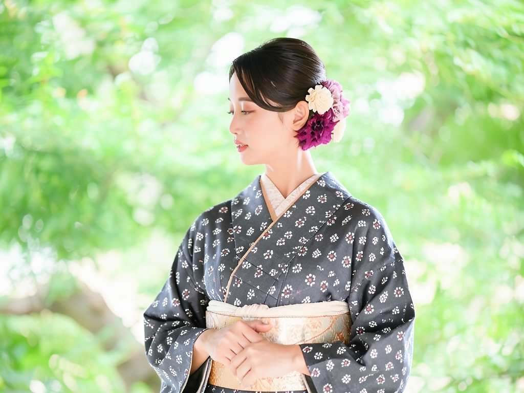 幾何学模様織り出しお召着物（着用イメージ）