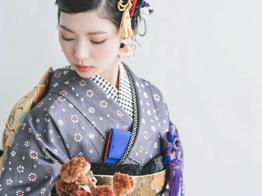幾何学模様織り出しお召着物（着用イメージ）