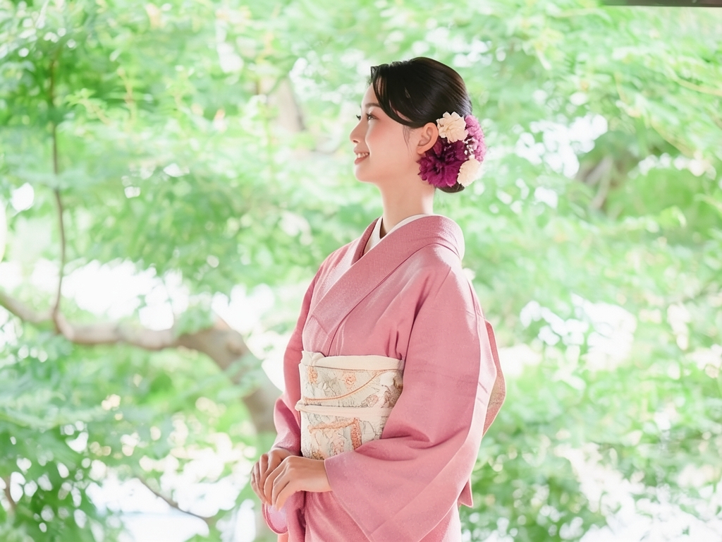 疋田模様織り出しお召着物（着用イメージ）