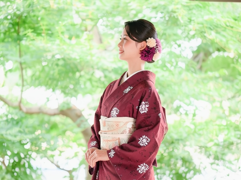 花更紗模様織り出し着物（着用イメージ）