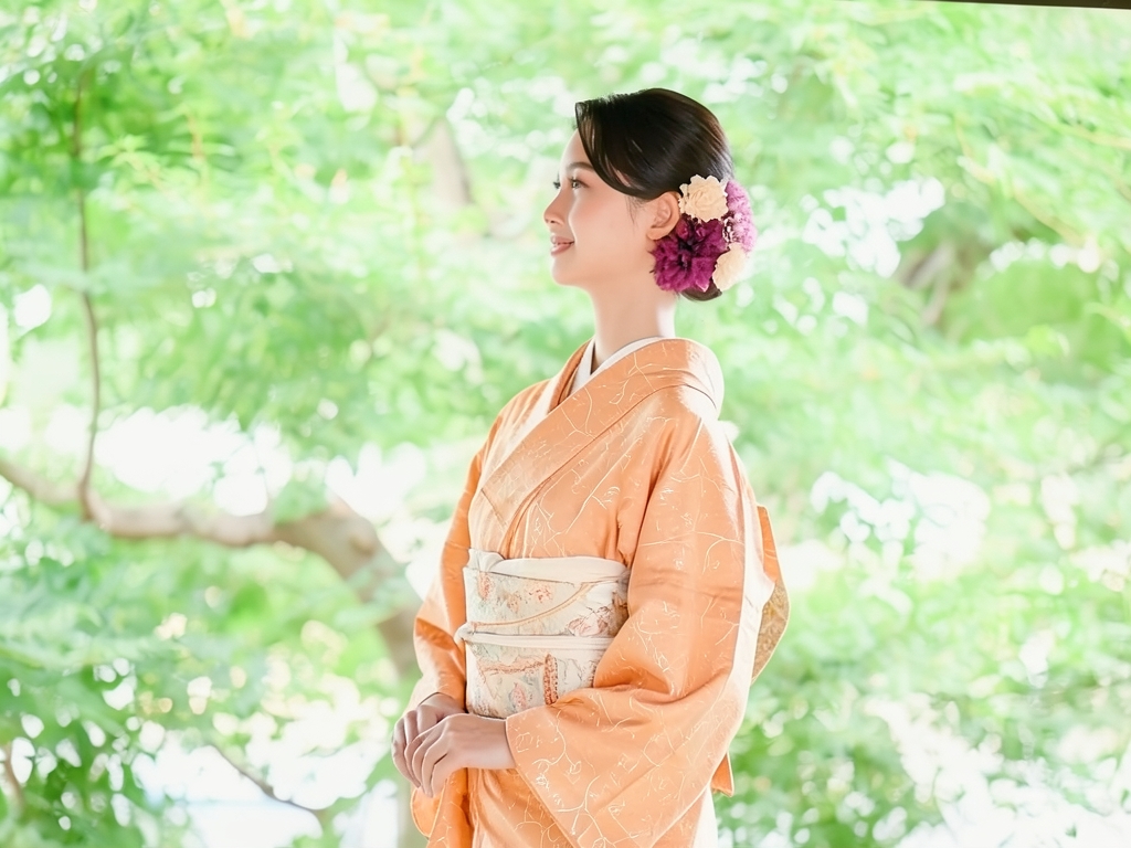 枝花模様織り出し色無地着物（着用イメージ）
