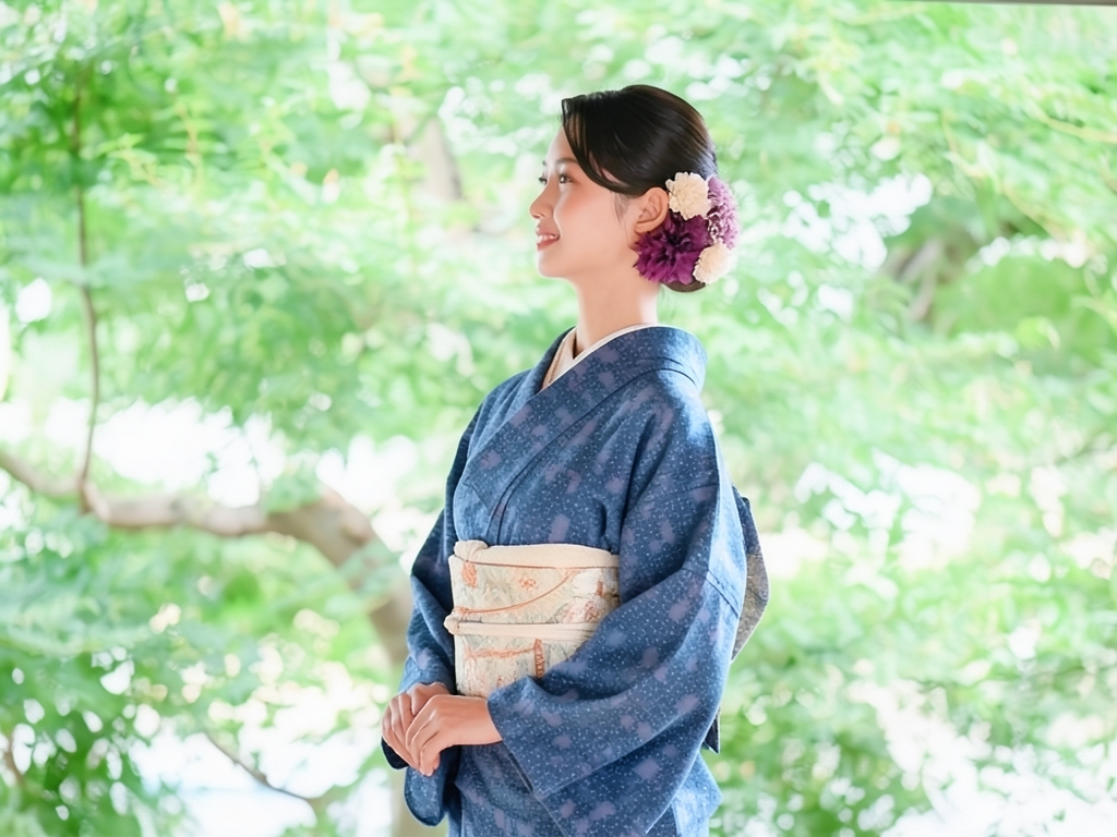 Hand-woven cotton Ojiya pongee kimono with square pattern woven into the lattice (worn)