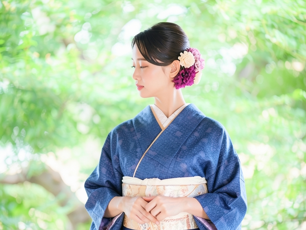 Hand-woven cotton Ojiya pongee kimono with square pattern woven into the lattice (worn)