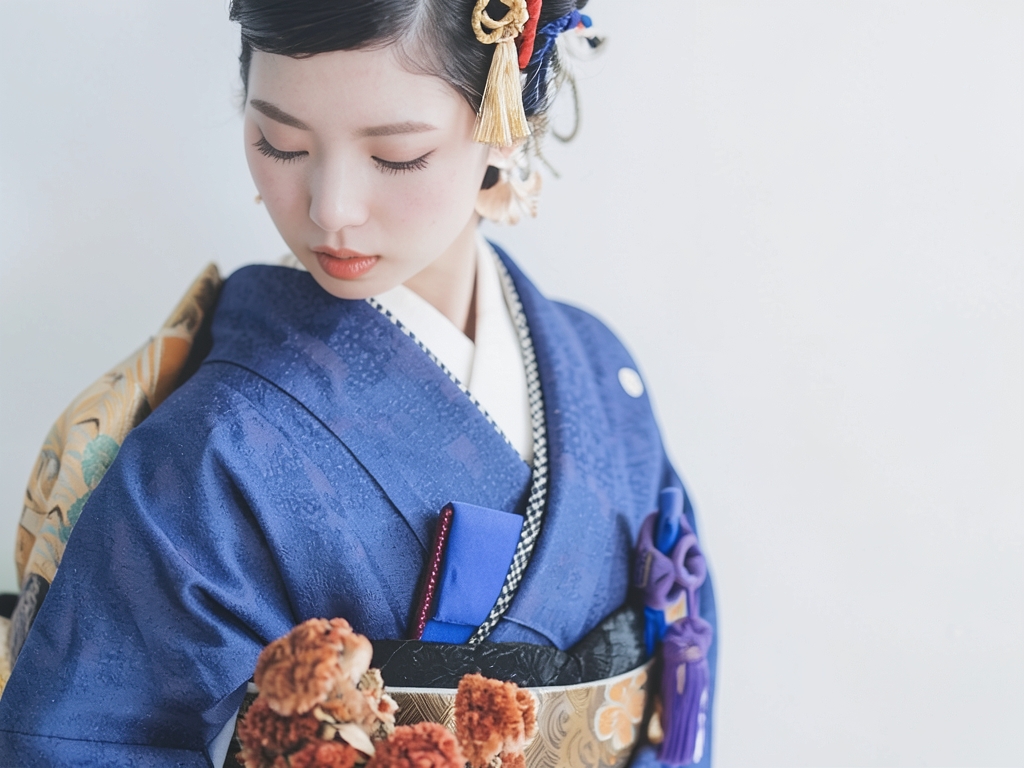 Hand-woven cotton Ojiya pongee kimono with square pattern woven into the lattice (worn)