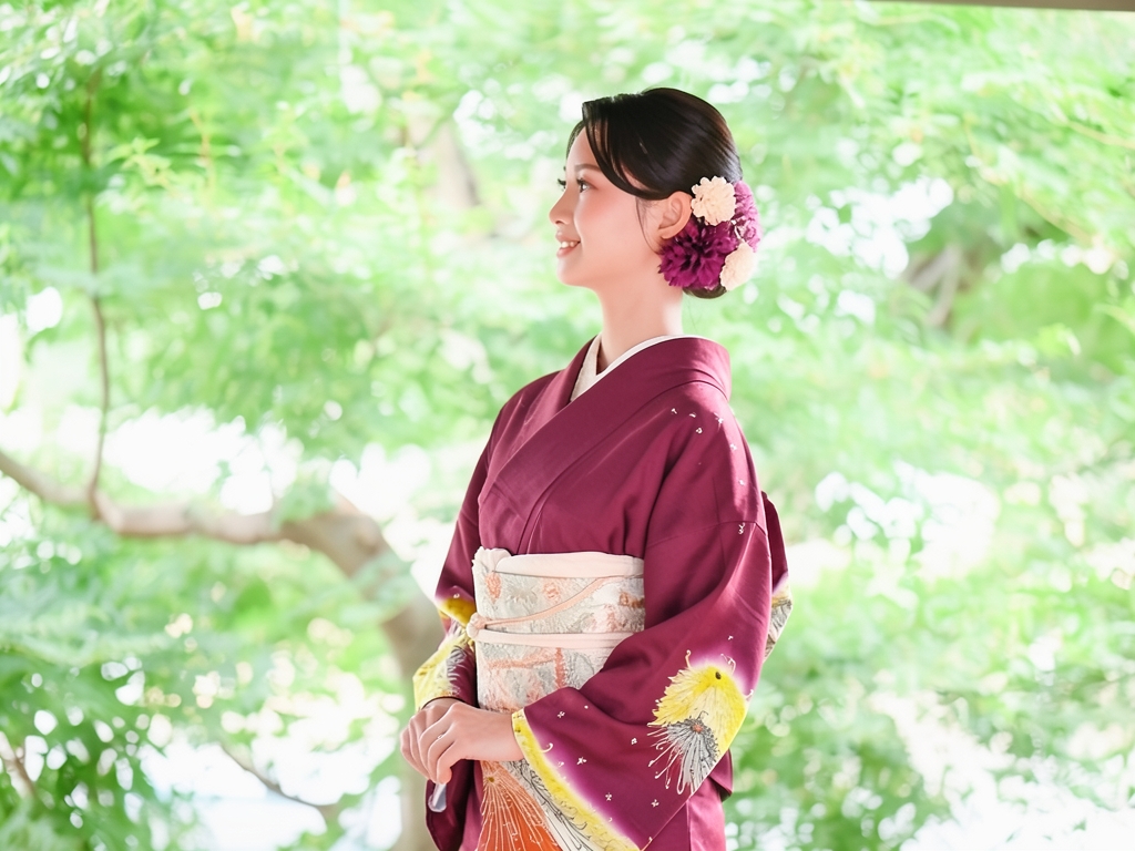 Kinsa thread chrysanthemum pattern kimono (worn)