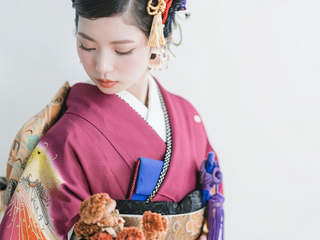 Kinsa thread chrysanthemum pattern kimono (worn)