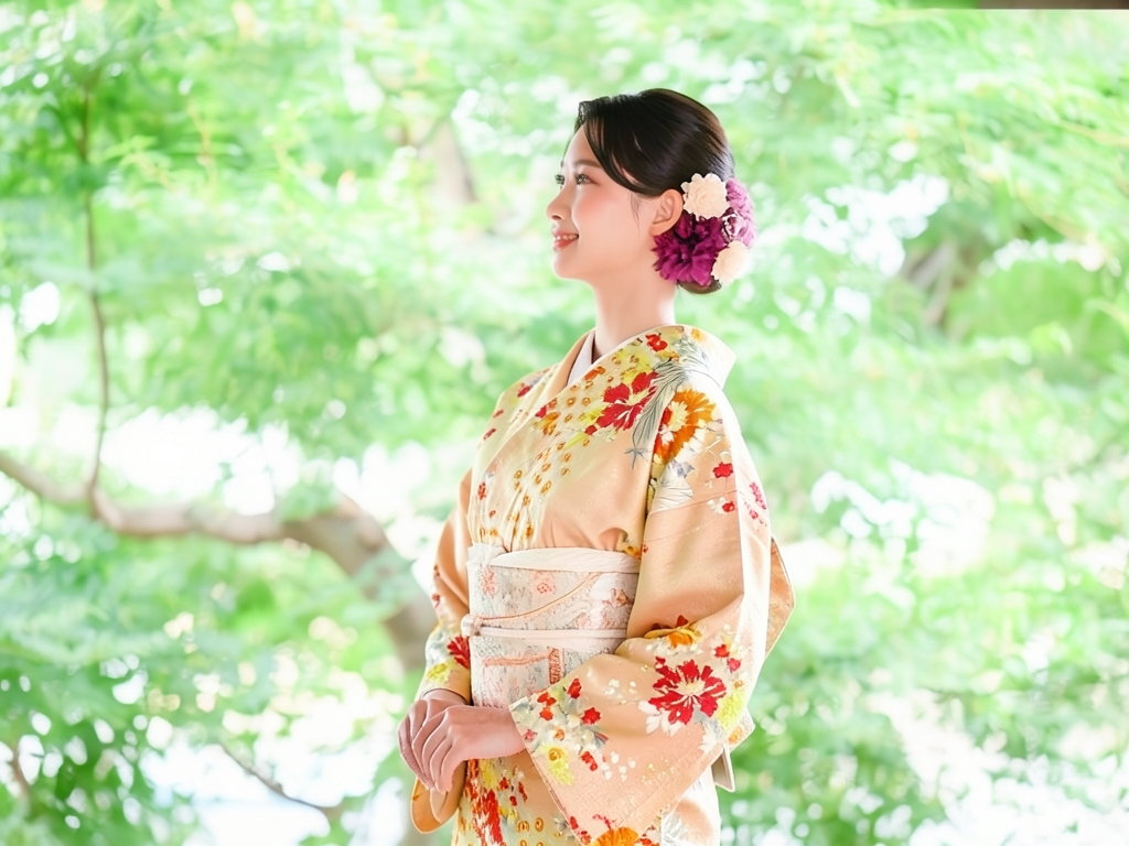 錦紗孔雀に草花模様刺繍着物（着用イメージ）