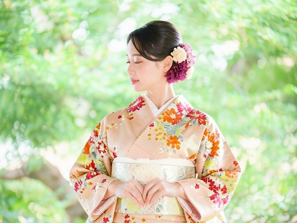 錦紗孔雀に草花模様刺繍着物（着用イメージ）