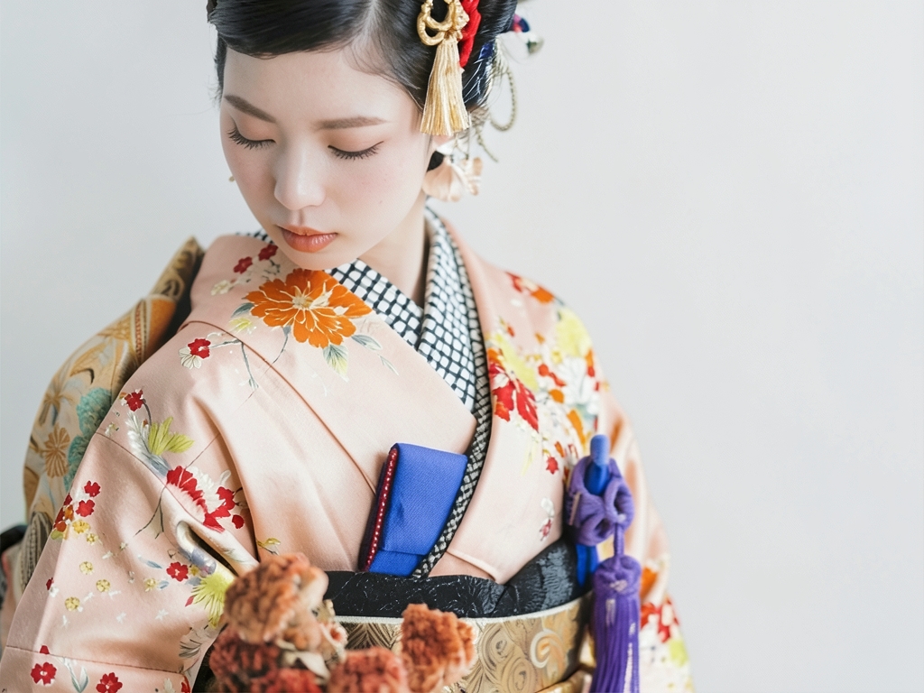 錦紗孔雀に草花模様刺繍着物（着用イメージ）