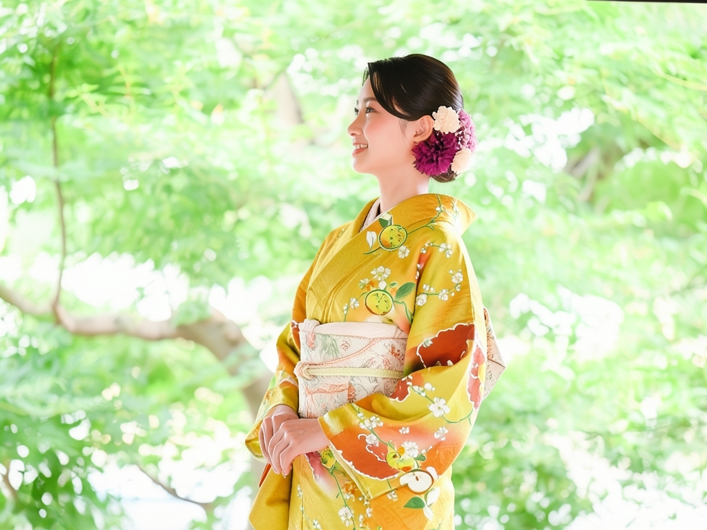 紋錦紗 雲に枝梅・橘模様刺繍着物（着用イメージ）