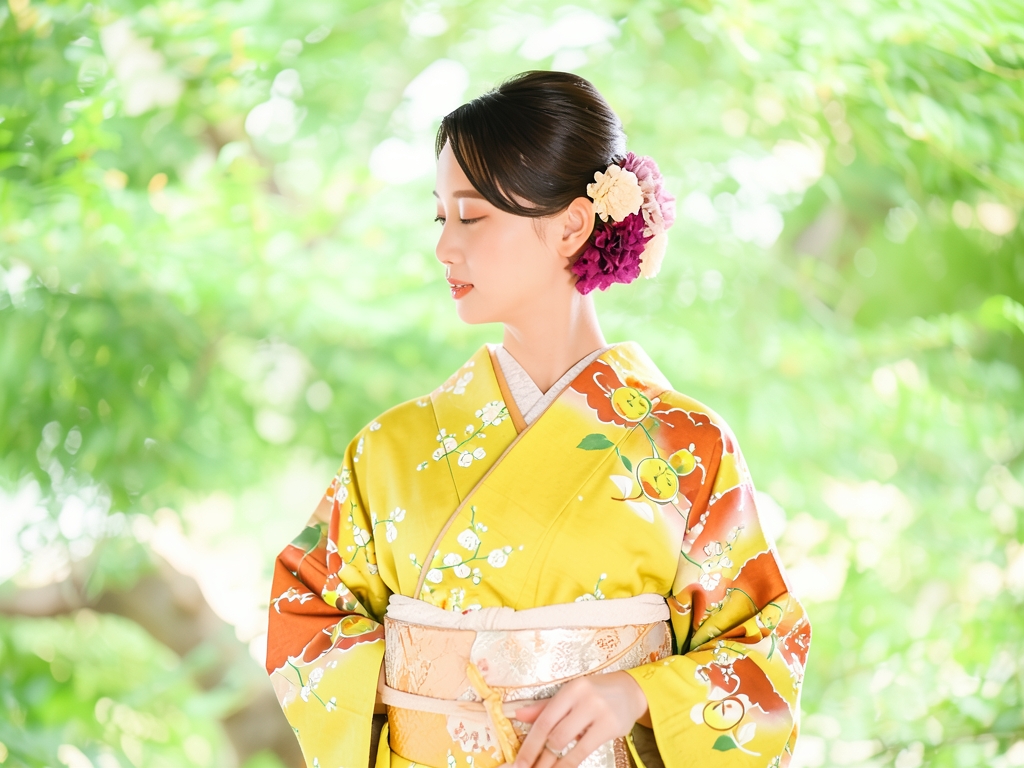 紋錦紗 雲に枝梅・橘模様刺繍着物（着用イメージ）