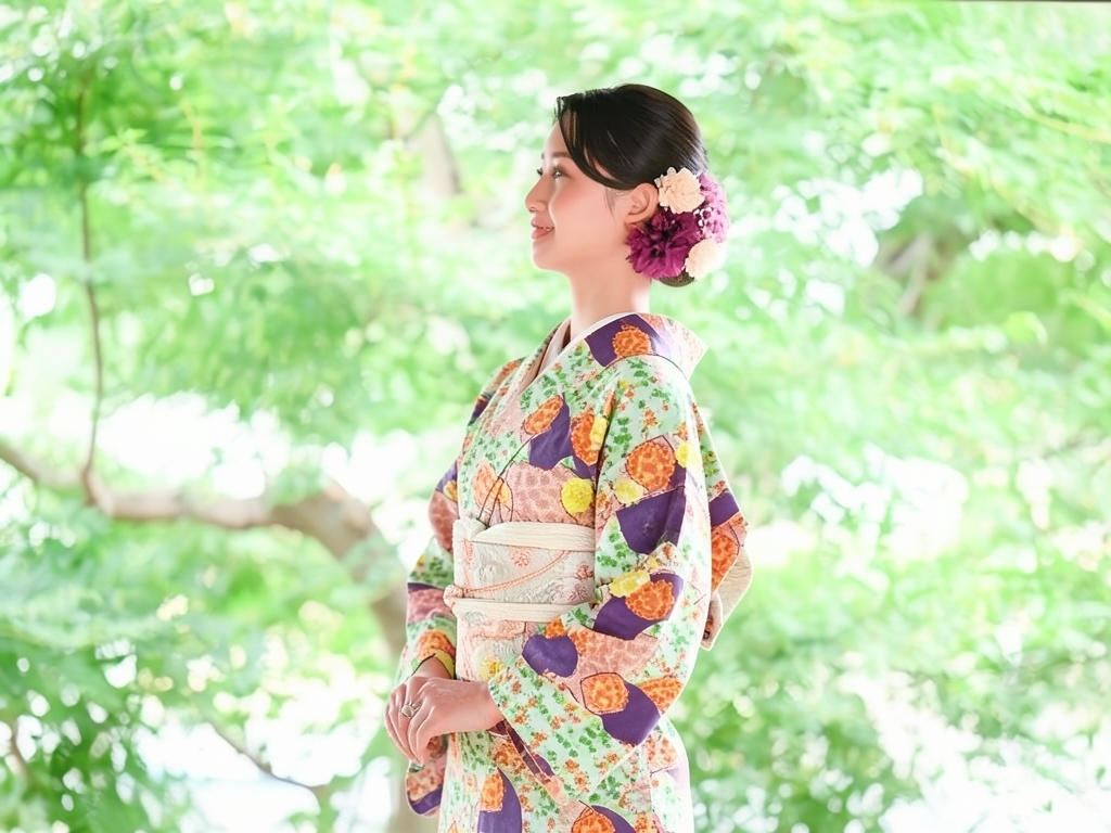 錦紗地紙に草花模様着物（着用イメージ）