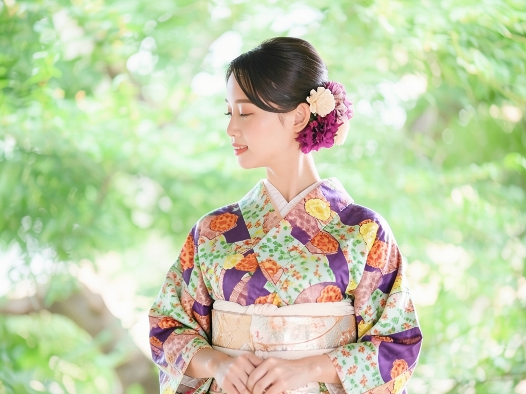 錦紗地紙に草花模様着物（着用イメージ）